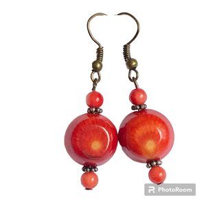 Vintage Art Glass Bead Earrings Coral Red Orange Hand Made Bronze Plated